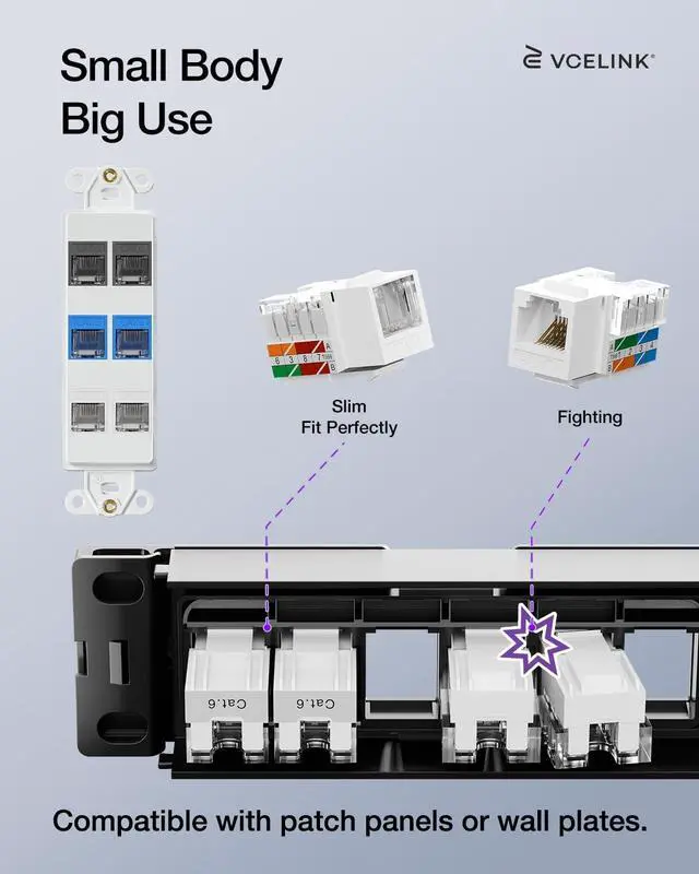 Alt view image 3 of 5 - VCELINK RJ45 Cat6 Keystone Jacks, Dust-Proof Keystone Jacks,Slim Profile 25-Pack, 90-Degree Punch Down Ethernet Modular Jacks, UTP Keystone Jack Adapter, White