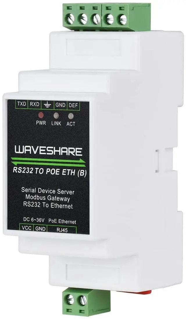 Main image of Waveshare Industrial Serial Server, RS232 to RJ45 Ethernet, TCP/IP to Serial, Rail-Mount Support, with POE Function