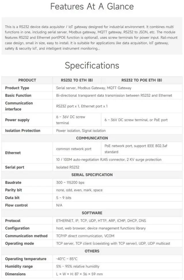 Alt view image 4 of 5 - Waveshare Industrial Serial Server, RS232 to RJ45 Ethernet, TCP/IP to Serial, Rail-Mount Support, with POE Function