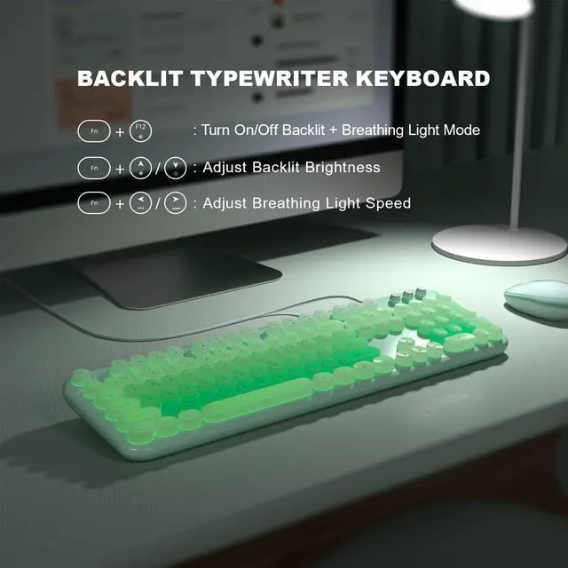 Alt view image 4 of 5 - MOFII Backlit Keyboard Wired, Retro Typewriter Keyboard with Illuminated LED, Cute Full Size Computer Keyboards Plug and Play for PC Laptop Desktop - Light Green