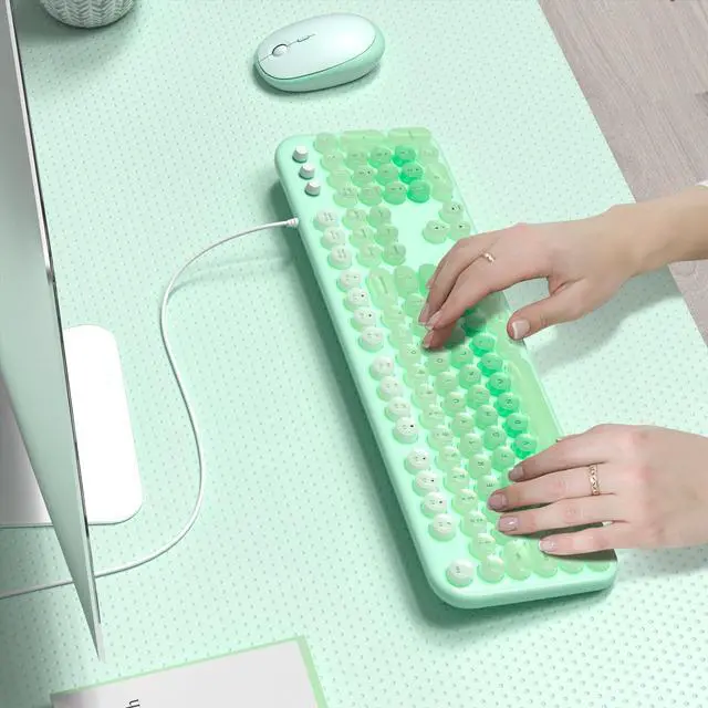 Alt view image 5 of 5 - MOFII Backlit Keyboard Wired, Retro Typewriter Keyboard with Illuminated LED, Cute Full Size Computer Keyboards Plug and Play for PC Laptop Desktop - Light Green