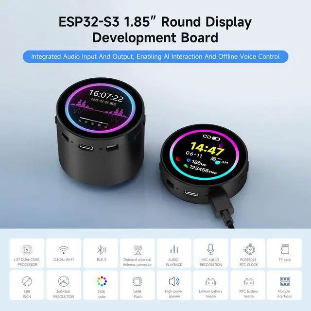 Alt view image 3 of 5 - Waveshare ESP32-S3 1.85inch Round LCD Development Board, 360×360, Supports Wi-Fi & Bluetooth BLE 5, AI Speech, Smart Speaker Box, ESP32 with Display, with Speaker Box