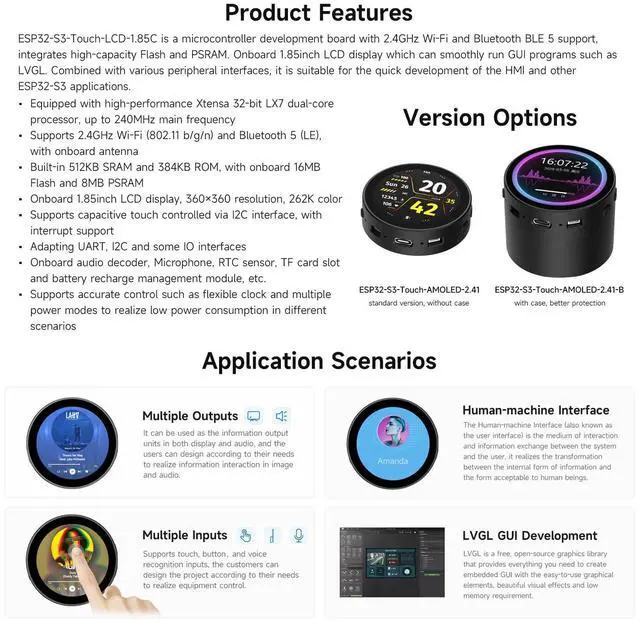 Alt view image 4 of 5 - Waveshare ESP32-S3 1.85inch Round LCD Development Board, 360×360, Supports Wi-Fi & Bluetooth BLE 5, AI Speech, Smart Speaker Box, ESP32 with Display, with Speaker Box