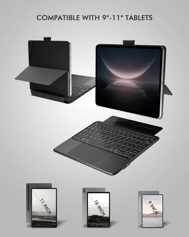 Alt view image 2 of 5 - Universal Keyboard Case for 9-11 Inch Tablets, Dual Bluetooth Detachable Keyboard for Android Tablets/iPads/Galaxy Tabs, Magnetic Backlit Keyboard with Washable Adhesive Mount&Any-Angle Stand&Trackpad