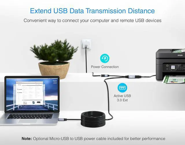 Alt view image 4 of 5 - BlueRigger USB 3.0 Extension Cable (100FT, Active, 5Gbps, In-Wall CL3 Rated, Type A Male to Female Adapter Cord) - Long USB Repeater Extender for VR Headset, Printer, Hard Drive, Keyboard, Mouse, Xbox