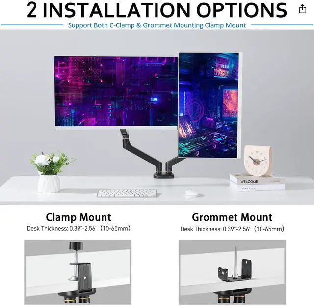 Alt view image 2 of 5 - Dual Monitor Arms for Desk up to 32 inches,Dual Monitor Stand with Gas Spring System,Each Arm Holds Max 22lbs,Monitor Mount for 2 Monitors, VESA 75x75 100x100 with C-clamp& Grommet, Black