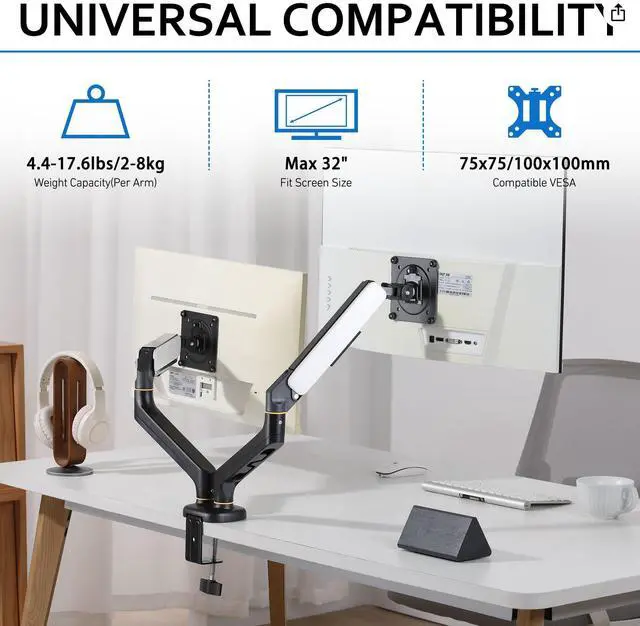 Alt view image 3 of 5 - Dual Monitor Arms for Desk up to 32 inches,Dual Monitor Stand with Gas Spring System,Each Arm Holds Max 22lbs,Monitor Mount for 2 Monitors, VESA 75x75 100x100 with C-clamp& Grommet, Black