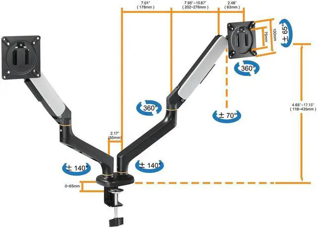 Alt view image 5 of 5 - Dual Monitor Arms for Desk up to 32 inches,Dual Monitor Stand with Gas Spring System,Each Arm Holds Max 22lbs,Monitor Mount for 2 Monitors, VESA 75x75 100x100 with C-clamp& Grommet, Black