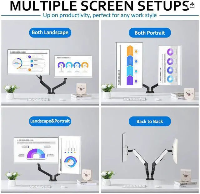 Alt view image 4 of 5 - Dual Monitor Arms for Desk up to 32 inches,Dual Monitor Stand with Gas Spring System,Each Arm Holds Max 22lbs,Monitor Mount for 2 Monitors, VESA 75x75 100x100 with C-clamp& Grommet, Black