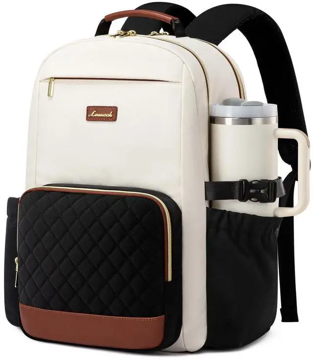 Main image of LOVEVOOK Laptop Backpack for Women with Pouch Pocket for Large Capacity Cup,15.6 Inch Teacher Nurse College Work Travel Backpack Purse,Waterproof Laptop Computer Bags,Beige-Black-Brown+Diamond-shaped