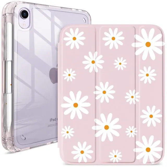 Main image of iPad mini 6/7 Case (8.3") with Pencil Holder  Hot Pink Acrylic Cover with Flower Print, Tri-Fold Stand, Auto Wake/Sleep, Fits A2567/A2568/A2569 & A17 Pro (Simple Daisies Flowers)