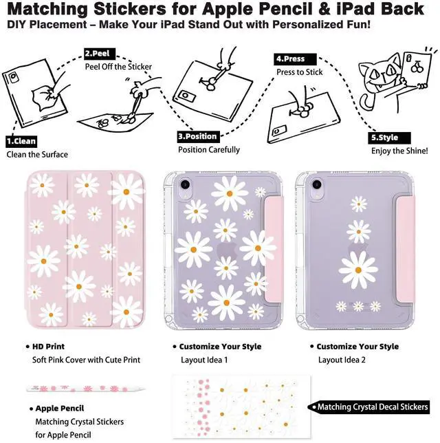 Alt view image 2 of 5 - iPad mini 6/7 Case (8.3") with Pencil Holder  Hot Pink Acrylic Cover with Flower Print, Tri-Fold Stand, Auto Wake/Sleep, Fits A2567/A2568/A2569 & A17 Pro (Simple Daisies Flowers)