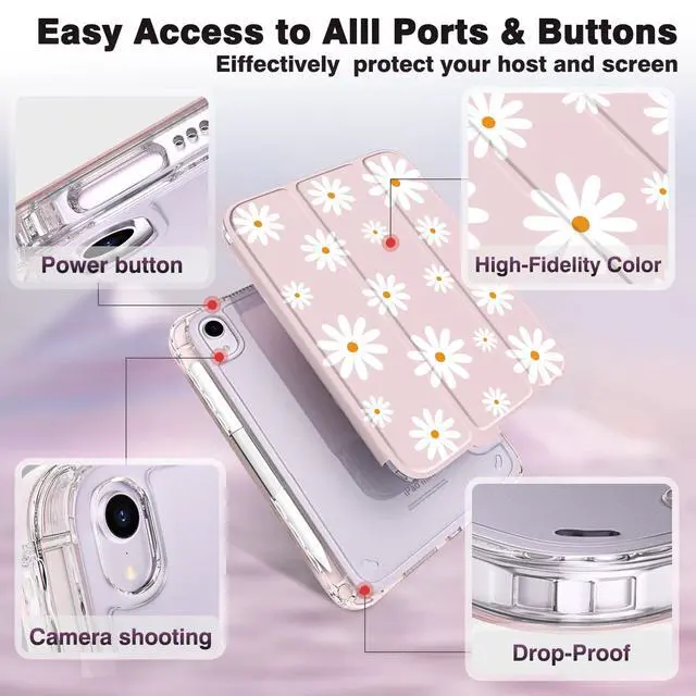 Alt view image 3 of 5 - iPad mini 6/7 Case (8.3") with Pencil Holder  Hot Pink Acrylic Cover with Flower Print, Tri-Fold Stand, Auto Wake/Sleep, Fits A2567/A2568/A2569 & A17 Pro (Simple Daisies Flowers)