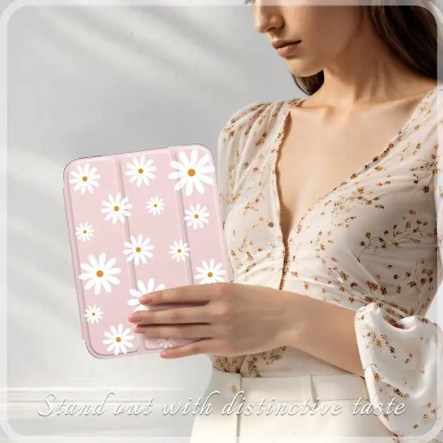 Alt view image 4 of 5 - iPad mini 6/7 Case (8.3") with Pencil Holder  Hot Pink Acrylic Cover with Flower Print, Tri-Fold Stand, Auto Wake/Sleep, Fits A2567/A2568/A2569 & A17 Pro (Simple Daisies Flowers)