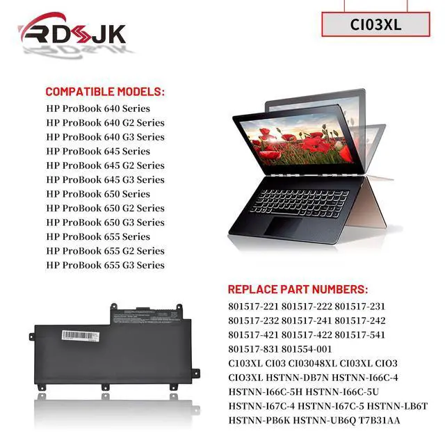 Alt view image 3 of 5 - CI03XL Laptop Battery for HP ProBook 640 G2 645 G2 650 G2 655 G2 640 G3 645 G3 650 G3 655 G3 Series CI03 CIO3 CIO3XL HSTNN-UB6Q HSTNN-LB6T HSTNN-PB6K 801517-221 801517-422 801554-001 C103XL 11.4V 48Wh