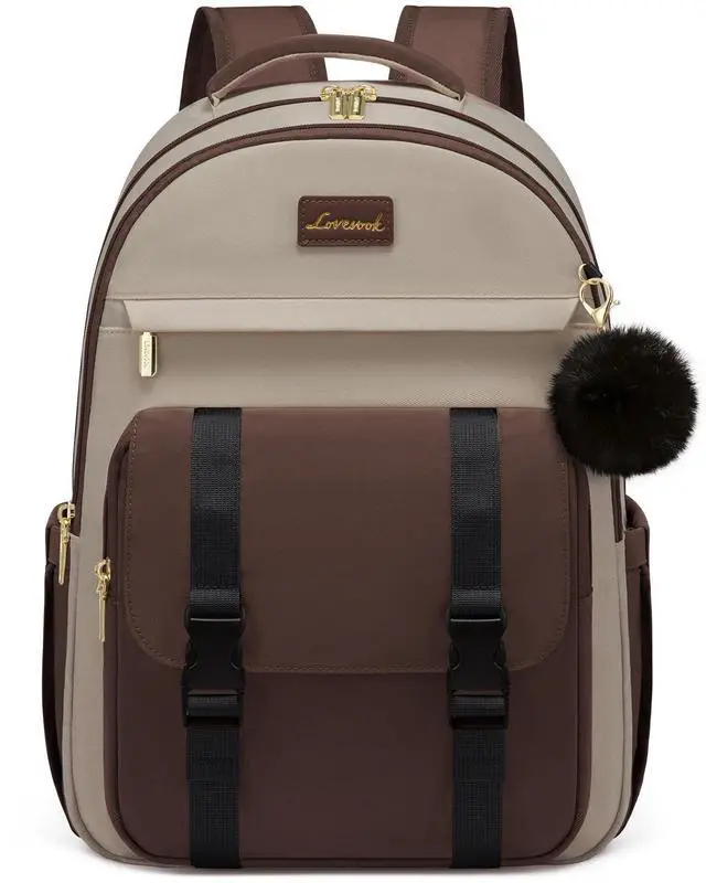 Main image of LOVEVOOK School Backpack for Teen Girls, Cute Student Backpack Purse Kid Bookbag for 14-16 Teenage, Back to School Backpacks Fit 15.6 Inch Laptop, Large College Travel Bag, Apricot-coffee-black
