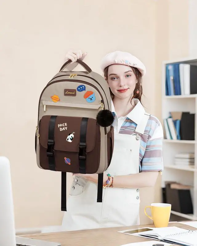 Alt view image 2 of 5 - LOVEVOOK School Backpack for Teen Girls, Cute Student Backpack Purse Kid Bookbag for 14-16 Teenage, Back to School Backpacks Fit 15.6 Inch Laptop, Large College Travel Bag, Apricot-coffee-black