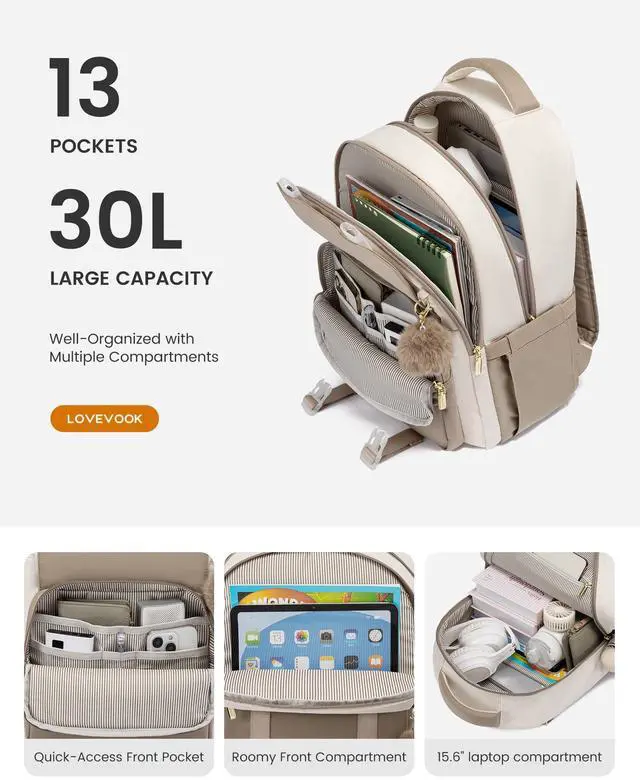 Alt view image 3 of 5 - LOVEVOOK School Backpack for Teen Girls, Cute Student Backpack Purse Kid Bookbag for 14-16 Teenage, Back to School Backpacks Fit 15.6 Inch Laptop, Large College Travel Bag, Apricot-coffee-black