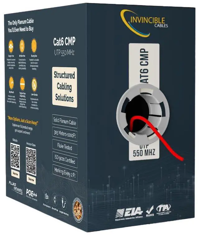 Main image of Cat6 Plenum Cable 1000ft | 0.57mm 100% Pure Copper, 550MHz 23AWG UTP | DSX-8000 Analyzer Tested Up to 100m | 10Gb, PoE++ | Industrys Most Certified Cable | Available in 7 Colors (Red)