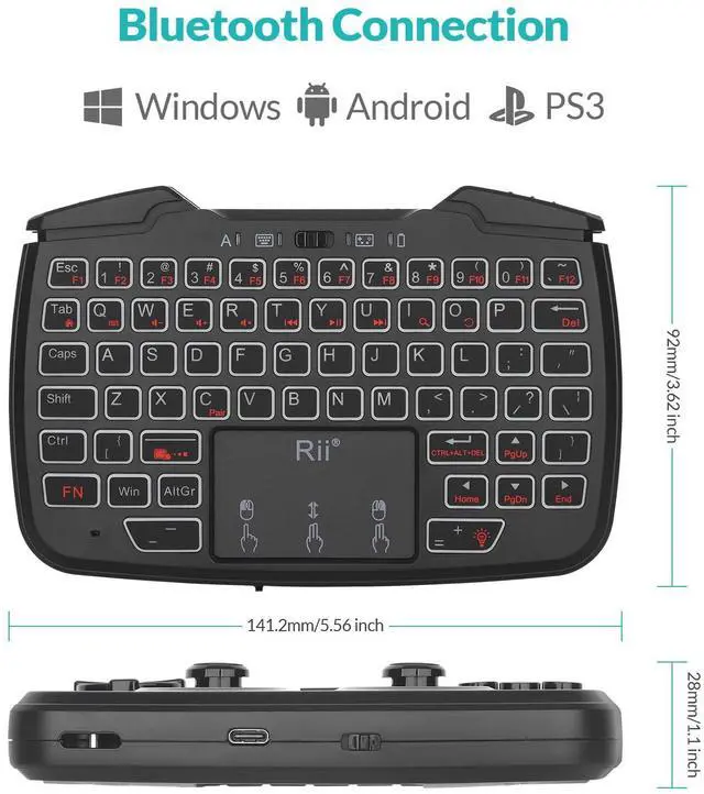 Alt view image 2 of 5 - (Bluetooth Version)Rii RK707Pro 3 in 1 Multifunctional Wireless Bluetooth Portable Game Controller 62-Key Rechargeable Keyboard Mouse Combo Turbo Vibration Function for PC/Raspberry pi2/Android System