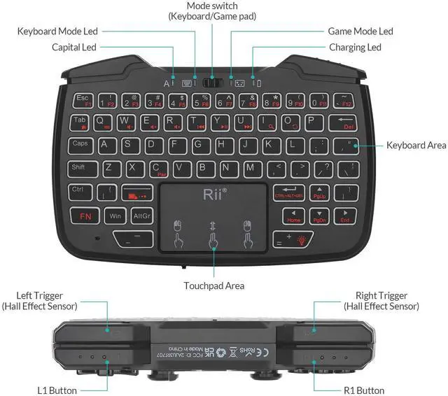Alt view image 3 of 5 - (Bluetooth Version)Rii RK707Pro 3 in 1 Multifunctional Wireless Bluetooth Portable Game Controller 62-Key Rechargeable Keyboard Mouse Combo Turbo Vibration Function for PC/Raspberry pi2/Android System