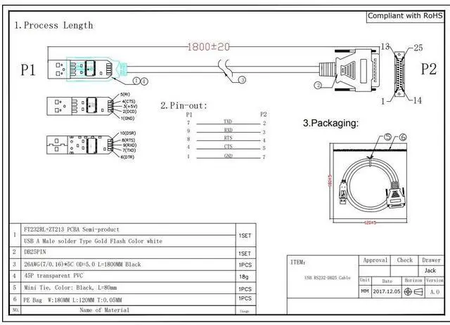 Alt view image 4 of 4 - AYA 6Ft (6 Feet) USB to Serial RS-232 DB-25 Male Straight-Thru Cable FTDI Chipset (5-Wires)