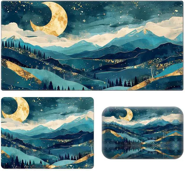 Main image of Desk Pad, Large & Small Mouse Pads + Wrist Rest, Ergonomic Table Mat with Stitched Edge, Anti-Slip, Memory Foam for Home Office Gaming (23.611.8in), Abstract Mountain