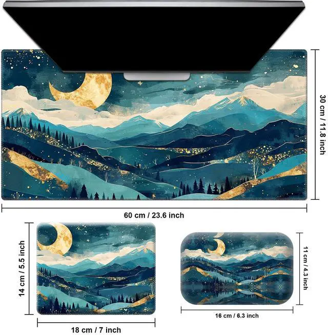 Alt view image 2 of 5 - Desk Pad, Large & Small Mouse Pads + Wrist Rest, Ergonomic Table Mat with Stitched Edge, Anti-Slip, Memory Foam for Home Office Gaming (23.611.8in), Abstract Mountain
