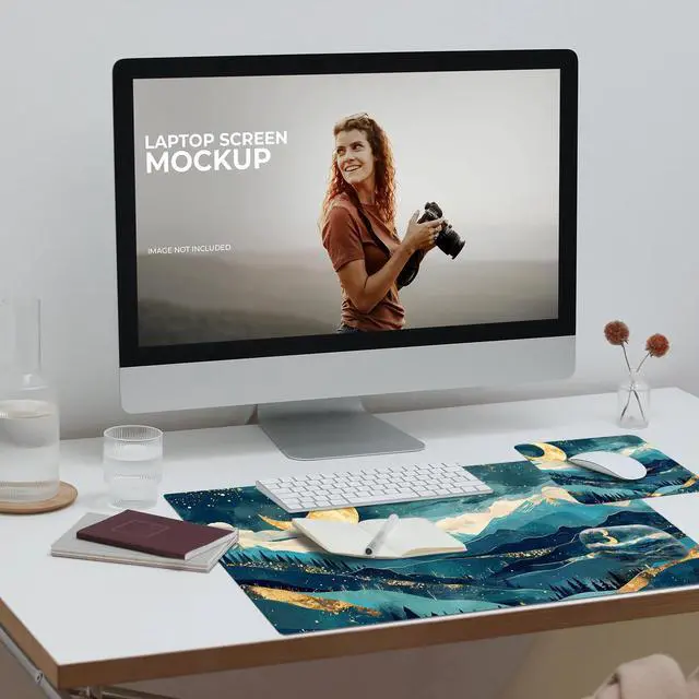 Alt view image 4 of 5 - Desk Pad, Large & Small Mouse Pads + Wrist Rest, Ergonomic Table Mat with Stitched Edge, Anti-Slip, Memory Foam for Home Office Gaming (23.611.8in), Abstract Mountain