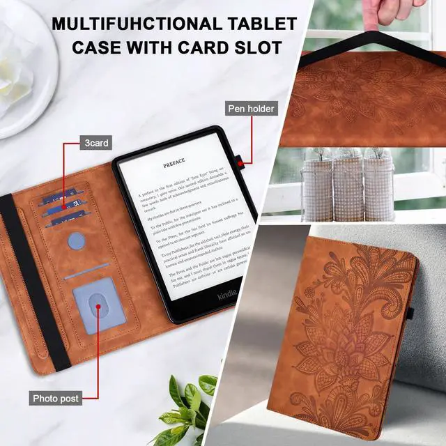Alt view image 4 of 5 - TUOLISG Case for All-New 7" Kindle Paperwhite 12th Generation 2025/2024 & Kindle Colorsoft Signature Edition 2024, Embossed Lace Premium PU Leather Case with Card Slot/Pen Holder, Brown