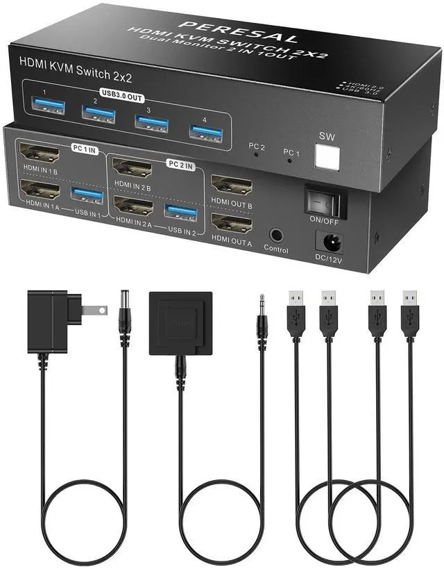 Main image of PERESAL Dual Monitor HDMI KVM Switch, 2 Computers 4K60Hz Dual Monitor KVM Switches for Dual PC or Laptops,4 USB 3.0 Ports Support Extended/Copy Mode with DC 12V Adapter&Wired Controller