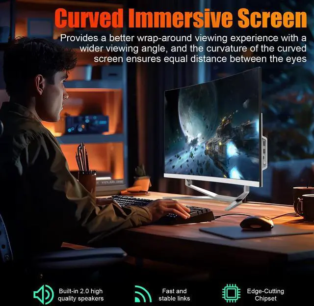 Alt view image 4 of 5 - All-in-One Desktop Computer, 27 FHD Display Curved Monitor PC 8GB RAM 512 SSD, WiFi and Bluetooth, Keyboard & Mouse, White (N100/8G/512G)
