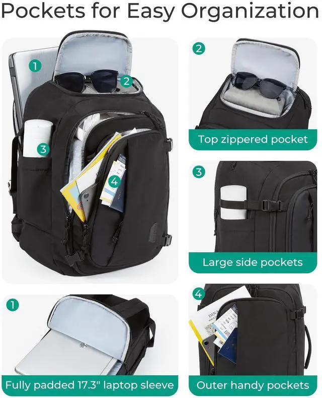 Alt view image 3 of 5 - BAGSMART Travel Backpack Carry on Flight Approved, 28L Lightweight Backpack Fits 17.3 Inch Laptop for Men Women, Water Resistant Personal Item Travel Bag with USB Charging Port, Black