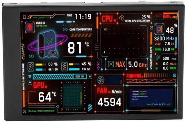 Main image of ANGGREK PC Temperature Display, Professional Dimmable USB Port Computer CPU Monitor with Visual Theme Editor for Desktop PC