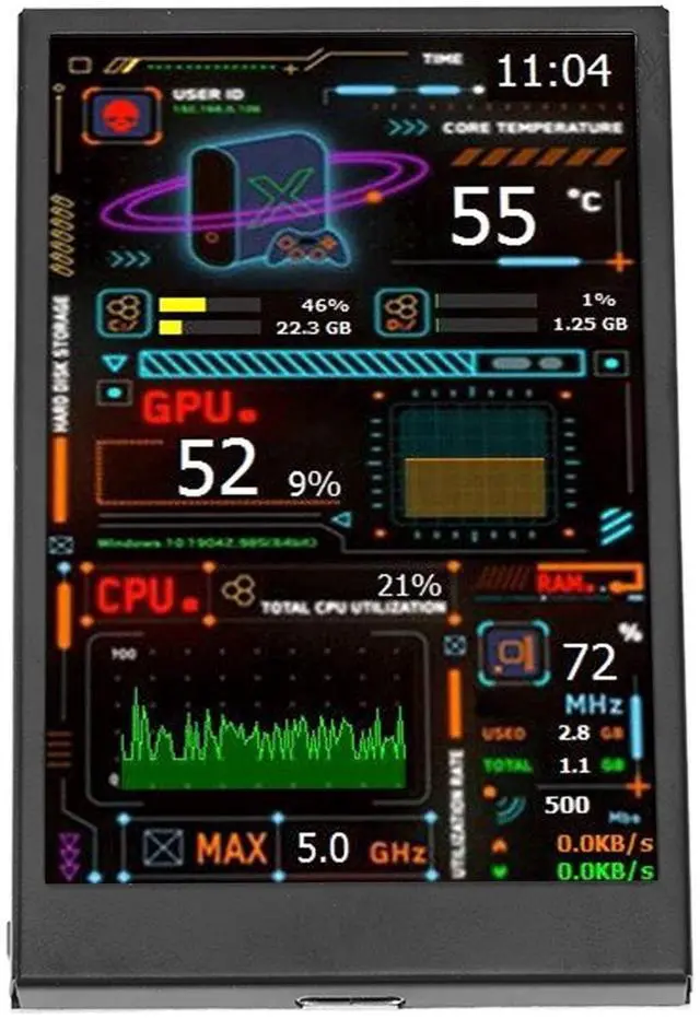 Alt view image 4 of 4 - ANGGREK PC Temperature Display, Professional Dimmable USB Port Computer CPU Monitor with Visual Theme Editor for Desktop PC