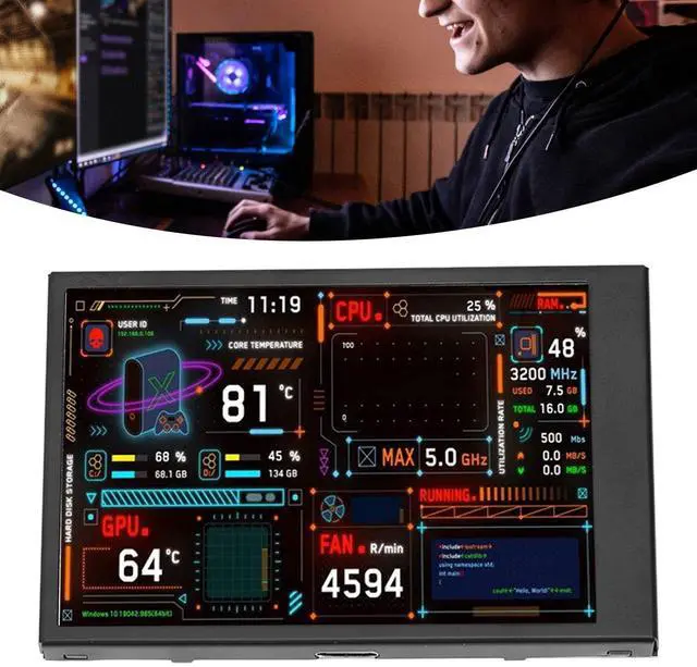 Alt view image 3 of 4 - ANGGREK PC Temperature Display, Professional Dimmable USB Port Computer CPU Monitor with Visual Theme Editor for Desktop PC