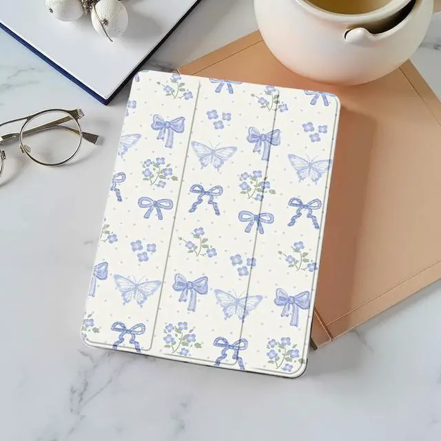 Alt view image 2 of 5 - Idocolors Cute Kawaii Blue Bow Butterfly Pad Case for 11 Inch iPad Air(2024), Clear TPU Smart Stand Back Cover with Pencil Holder, Auto Wake/Sleep Foldable Shockproof Protective Case for Women Girls