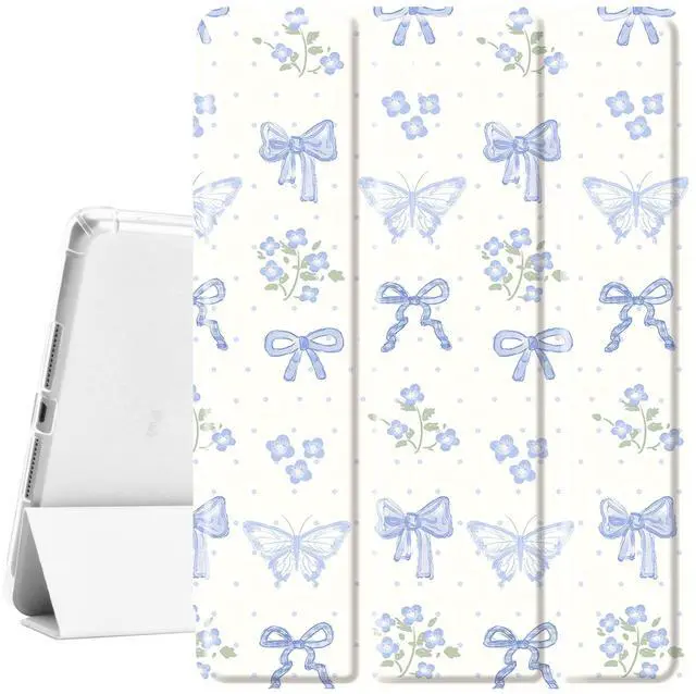 Main image of Idocolors Cute Kawaii Blue Bow Butterfly Pad Case for 11 Inch iPad Air(2024), Clear TPU Smart Stand Back Cover with Pencil Holder, Auto Wake/Sleep Foldable Shockproof Protective Case for Women Girls
