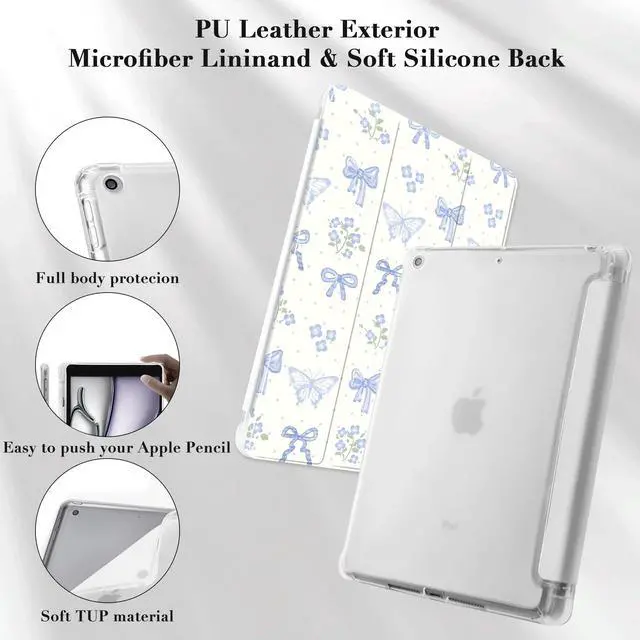 Alt view image 5 of 5 - Idocolors Cute Kawaii Blue Bow Butterfly Pad Case for 11 Inch iPad Air(2024), Clear TPU Smart Stand Back Cover with Pencil Holder, Auto Wake/Sleep Foldable Shockproof Protective Case for Women Girls