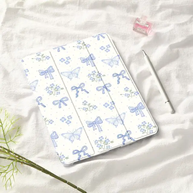 Alt view image 3 of 5 - Idocolors Cute Kawaii Blue Bow Butterfly Pad Case for 11 Inch iPad Air(2024), Clear TPU Smart Stand Back Cover with Pencil Holder, Auto Wake/Sleep Foldable Shockproof Protective Case for Women Girls