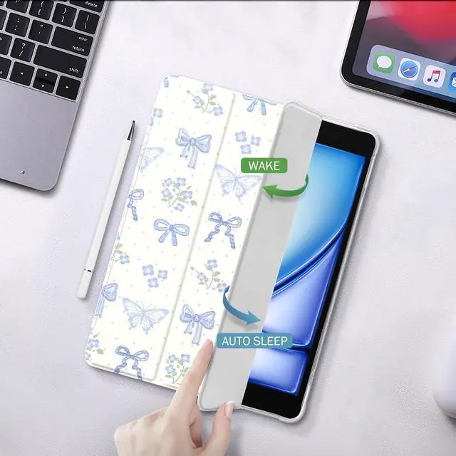 Alt view image 4 of 5 - Idocolors Cute Kawaii Blue Bow Butterfly Pad Case for 11 Inch iPad Air(2024), Clear TPU Smart Stand Back Cover with Pencil Holder, Auto Wake/Sleep Foldable Shockproof Protective Case for Women Girls