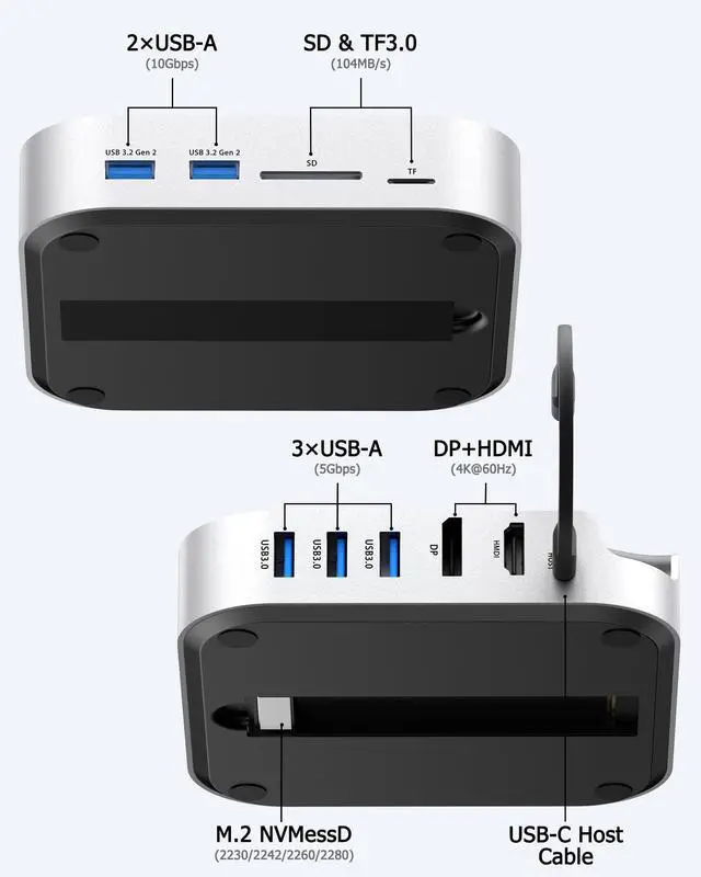 Alt view image 2 of 5 - BAOZEE Mac mini Dock with NVMe SSD Enclosure, USB-C Hub for Mac mini M4/M4 Pro with 2X USB-A 10Gbps, 3X USB-A 5Gbps, HDMI, DP, SD/TF Card Reader  Magnetic Cover, Up to 8TB SSD Support