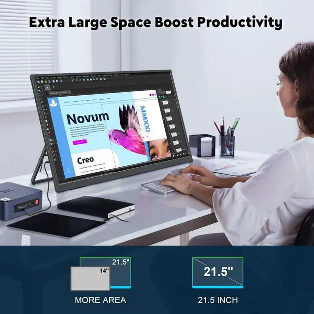 Alt view image 2 of 5 - KEEPTIME 21.5" Portable Monitor, 1080P FHD 100HZ Large Portable Gaming Monitor w/Kickstand & VESA, IPS USB-C HDMI External Screen for Laptops, MacBook, Phones, Mini PC