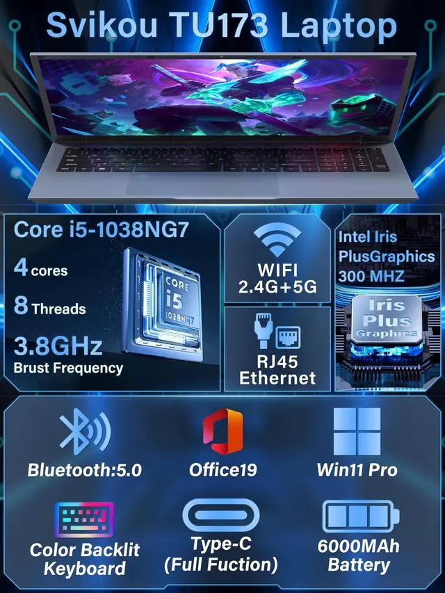 Alt view image 2 of 5 - 17.3" FHD IPS Blue Laptop, Core i5-1038NG7,16GB RAM,Win 11 Pro Laptop Business Computer, in tel Iris Plus Graphics, Fingerprint, Color Backlit Keyboard, Numpad, Type-C, WiFi 6, HDMI, RJ45 (512G SSD)