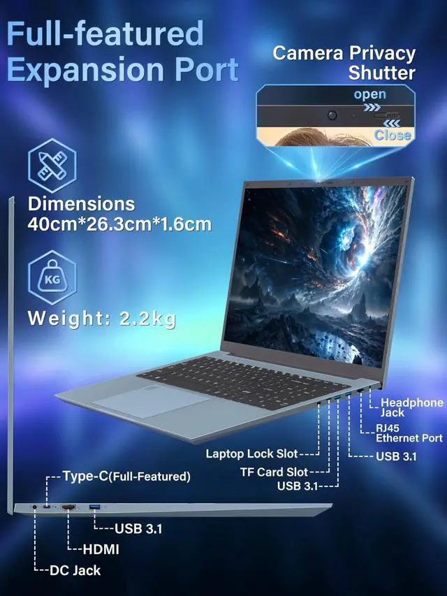 Alt view image 3 of 5 - 17.3" FHD IPS Blue Laptop, Core i5-1038NG7,16GB RAM,Win 11 Pro Laptop Business Computer, in tel Iris Plus Graphics, Fingerprint, Color Backlit Keyboard, Numpad, Type-C, WiFi 6, HDMI, RJ45 (512G SSD)