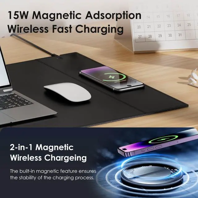 Alt view image 3 of 5 - Magnetic Mouse Pad with Wireless Charging, 35.4'' x 16.9'' Extra Large Desk Pad, Waterproof and Scratch-Resistant Mousepad, Charcoal Black Computer Mouse Mat for MacBook, PC, Laptop