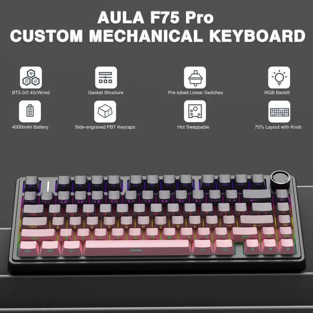 Alt view image 3 of 5 - AULA Wireless Keyboard and Mouse Combo, F75 Pro Mechanical Keyboards,75% Gasket Hot Swappable Custom Keyboard+SC580 Wireless Gaming Mouse Purple