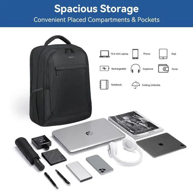 Alt view image 5 of 5 - Voova Travel Laptop Backpack, Business Work Laptop Backpack for Women & Men with USB Charging Port, Waterproof Slim Durable College Computer Bag Fits 15.6 Inch Laptops and Notebook, Black