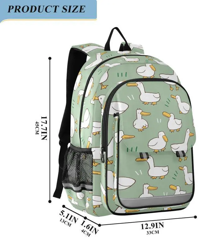 Alt view image 2 of 5 - Krafig Cartoon Duck Pattern Green Backpack Girls Boys Elementary School Bags Bookbags Laptop Backpack Travel Daypack Safe Reflective Stripes