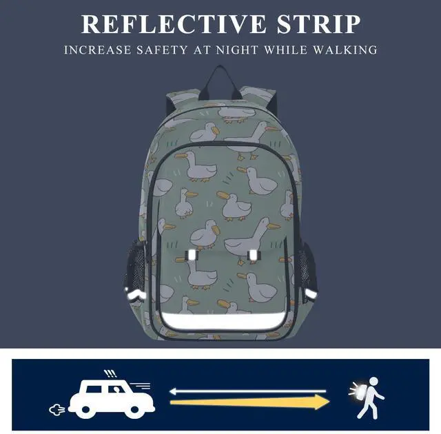 Alt view image 5 of 5 - Krafig Cartoon Duck Pattern Green Backpack Girls Boys Elementary School Bags Bookbags Laptop Backpack Travel Daypack Safe Reflective Stripes